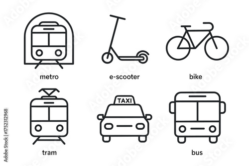 Line icons of urban transportation: metro, e-scooter, bike, tram, taxi, bus