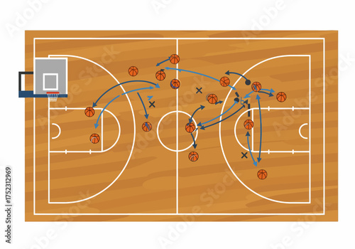 Basketball Court Diagram with Ball Movement and Player Positions.
