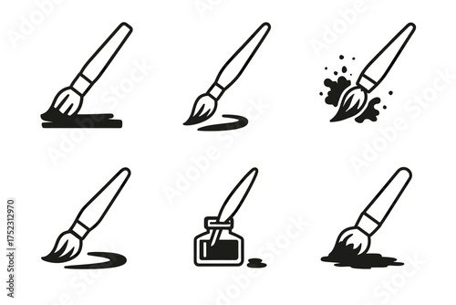 Set of six artistic paintbrush icons with ink bottle in black and white