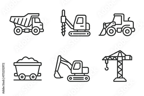 Vector set of construction machinery icons: dump truck, excavator, crane