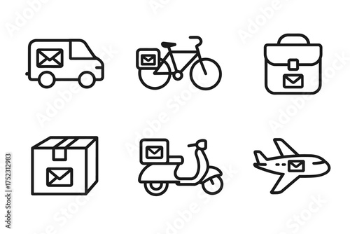 Mail delivery icons: van, bicycle, briefcase, box, scooter, airplane