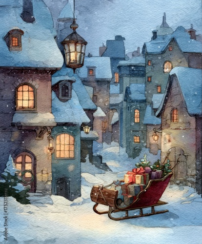 Cozy winter village vintage holiday card