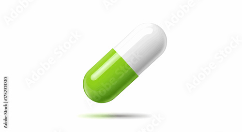 Realistic green and white pill capsule for medicine or pharmacy isolated on a white background, 3D vector illustration