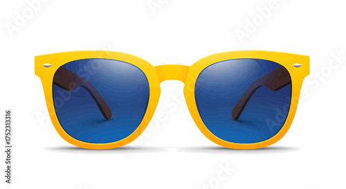 Stylish yellow sunglasses with blue lenses for summer sun protection, realistic 3d vector illustration