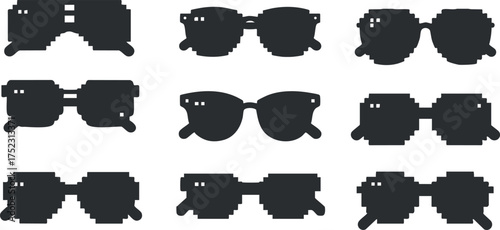 A collection of various styles of black sunglasses silhouettes arranged in a grid.
