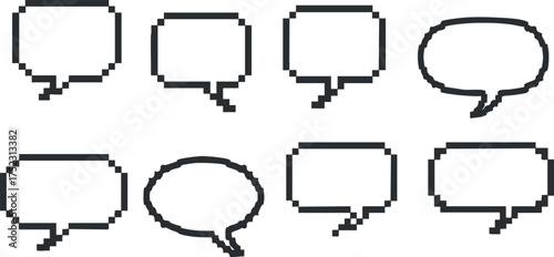 Collection of various pixel art speech bubbles for communication and dialogue illustrations