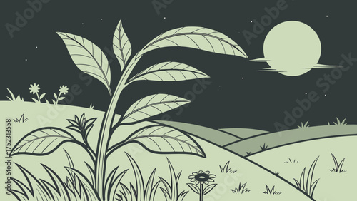 A young plant reaching toward the morning sun in a peaceful field.dark background  vector illustration 