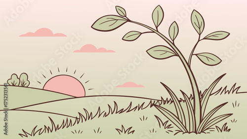 A young plant reaching toward the morning sun in a peaceful field.pink background vector illustration 