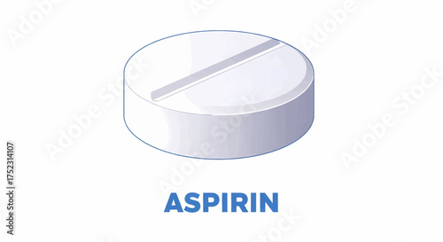 A single white round analgesic tablet representing an aspirin pill, isolated medical vector illustration
