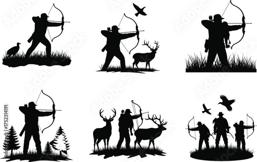 Archery hunting silhouette vector, bow and arrow illustration, wildlife scene design, deer and bird interaction, outdoor forest graphic, sports theme, stock template