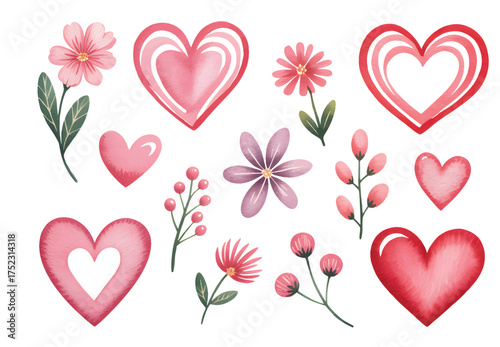 Romantic watercolor flowers and hearts in soft pastel shades. Soft watercolor hearts and blooming flowers in romantic shades.