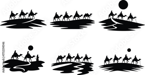 Camel rider silhouette vector, desert travel illustration, nomadic journey design, sand dune background, traditional exploration graphic, cultural theme, stock template, wildlife scene