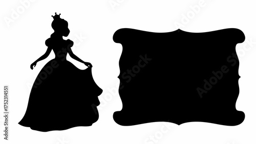 Silhouette of a princess in a gown with a crown next to a decorative black frame for text or image 100