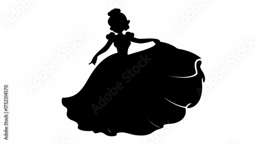 Silhouette of a princess in a ball gown holding the skirt with a bun hairstyle and puffy sleeves design
