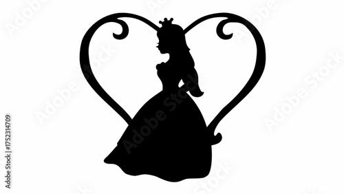 Silhouette of a princess with a crown inside a heart shaped frame with decorative swirls on top edge