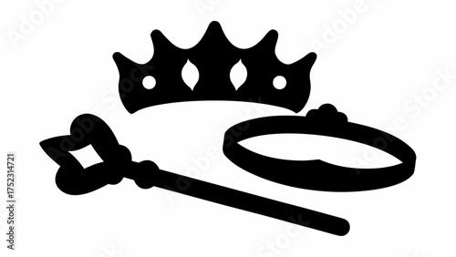 Illustration showing a crown, a tiara, and a scepter, all in black silhouette on a white background