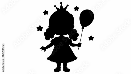 Silhouette of a princess with a crown holding a balloon surrounded by stars in a simple black and white design