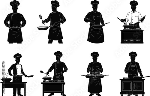 Chef silhouettes cooking food, stirring pots, flipping pans, using utensils, wearing aprons and hats, vector illustration for kitchen, culinary, and restaurant themes