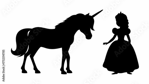 Silhouette of a unicorn standing next to a princess with a crown and a large dress in black and white