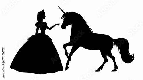 Silhouette of a princess in a gown pointing at a unicorn with a horn in a black and white illustration