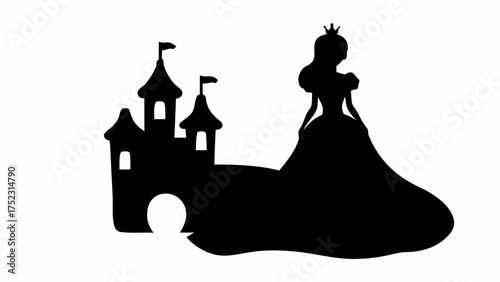 Silhouette of a princess with a crown standing next to a castle with flags and arched entrance design