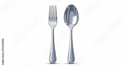 A realistic vector illustration of a shiny metallic fork and spoon set, isolated on a white background for dining