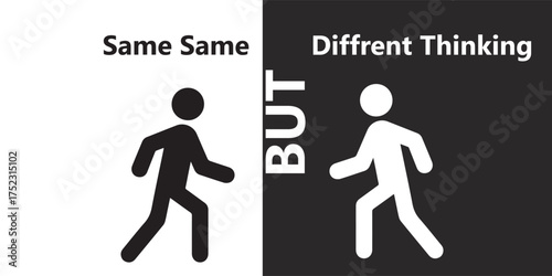 Same same but different thinking, contrasting t-shirt design, pedestrian figures illustrating divergent perspectives