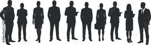 Silhouettes of diverse business professionals standing together representing teamwork and collaboration.