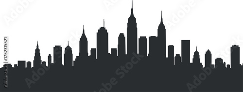 Silhouette of a city skyline featuring various architectural styles and structures against a white background.