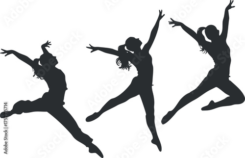 Silhouettes of three dancers in dynamic poses showcasing movement and grace in dance.