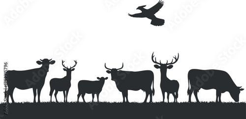 A silhouette of various animals including cows and deer standing in a grassy landscape with a bird flying.