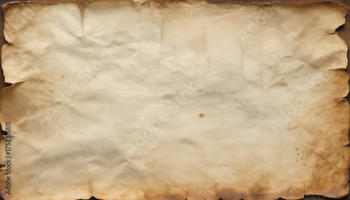 Aged and weathered parchment paper with burnt edges and textured surface for vintage design