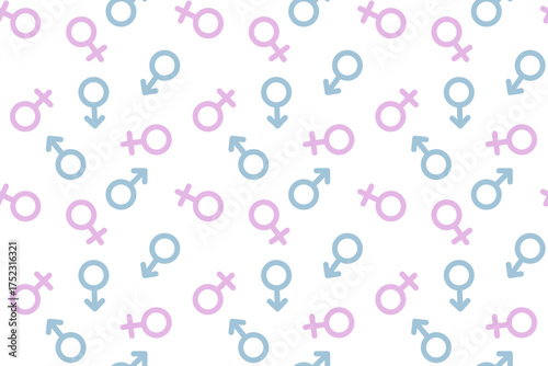 Seamless vector pattern with pink female and blue male gender symbols on transparent background. Modern minimalistic design representing equality, diversity, and unity.