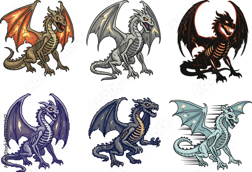 Fantasy dragon skeleton vector set, magical creature illustration, undead winged beast design, colorful monster pack, editable stock graphic for games
