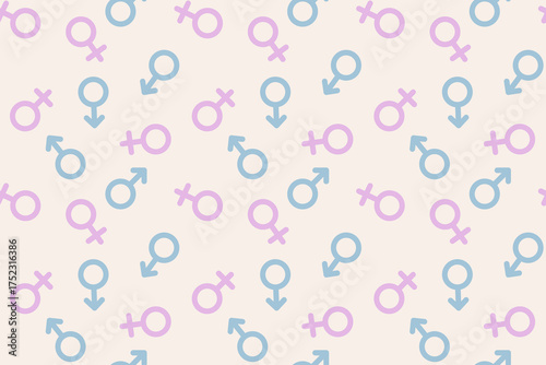 Seamless vector pattern with pink female and blue male gender symbols on a light biege background. Modern minimalistic design representing equality, diversity, and unity.
