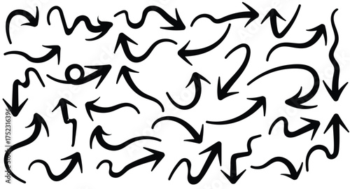 black hand drawn arrows collection in various directions, doodle sketch vector set, abstract navigation symbols pack