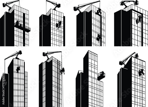 High-rise window cleaning workers, suspended platforms, scaffolding, crane baskets, rope access, urban maintenance, safety equipment, black and white vector illustration
