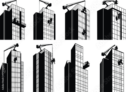 High-rise building maintenance workers, suspended platforms, rope access, crane equipment, facade cleaning, construction safety, urban architecture, black and white vector illustration