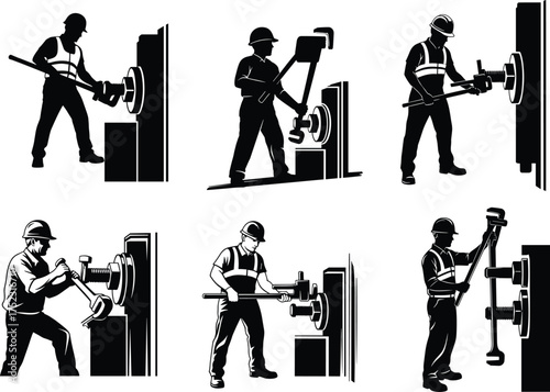 Industrial workers operating heavy valve machinery, safety gear, wrench tools, factory maintenance, plumbing system, manual labor silhouettes, black and white vector illustration