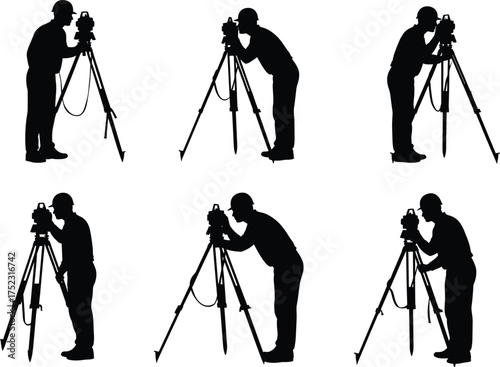Land surveyor silhouette, tripod theodolite operator, geodetic measurement posture, construction site mapping, engineering precision, black vector illustration, isolated white background
