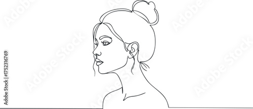 A minimalist line art illustration of a woman's profile with a bun hairstyle.