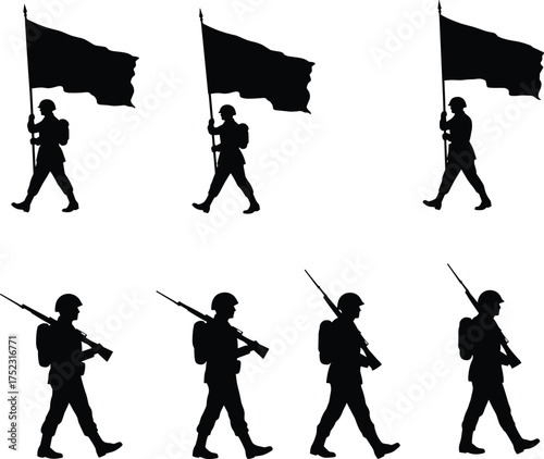 Military marching silhouette vector, soldier with rifle and flag, ceremonial army formation, patriotic troop illustration, black graphic for veteran tribute design