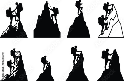 Mountain climbers silhouette, extreme adventure, teamwork on rocky peaks, alpine ascent, outdoor sports, mountaineering challenge, rope climbing, hiking expedition, vector illustration