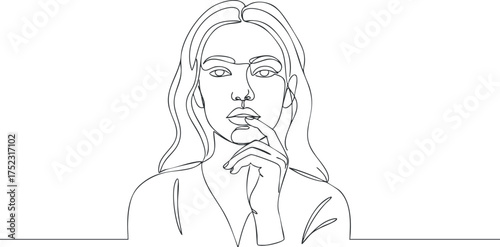 Minimalist line art illustration of a thoughtful woman with a contemplative expression.