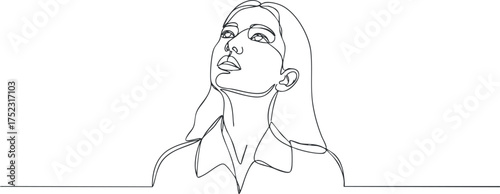 Minimalist line art portrait of a woman gazing upwards in an elegant and expressive pose.