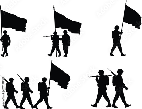 Soldier silhouette vector, military march with flag and rifle, patriotic troop formation, black graphic illustration for veteran tribute, ceremonial army design