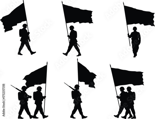 Soldier silhouette with flag, military vector illustration, patriotic march pose, black graphic for veteran tribute, ceremonial troop design, rifle on shoulder