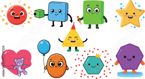 Cute geometric shapes characters for kids learning vector illustration