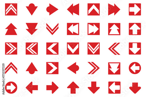 Vector art of set of red directional arrow icons in various shapes and orientations on a