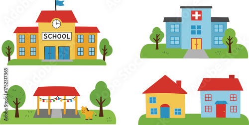 Cute neighborhood scene with houses and trees flat vector illustration